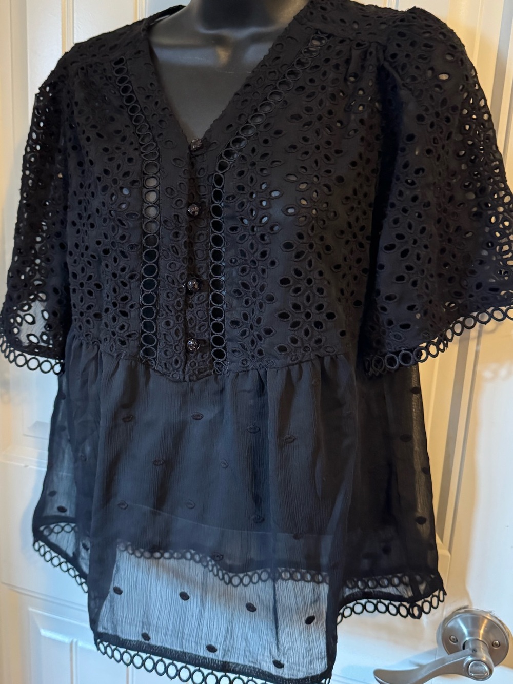 ANNA SUI Black Eyelet & Chiffon Dobby Sheer Blouse Tag Size 95 (Fits M/L)